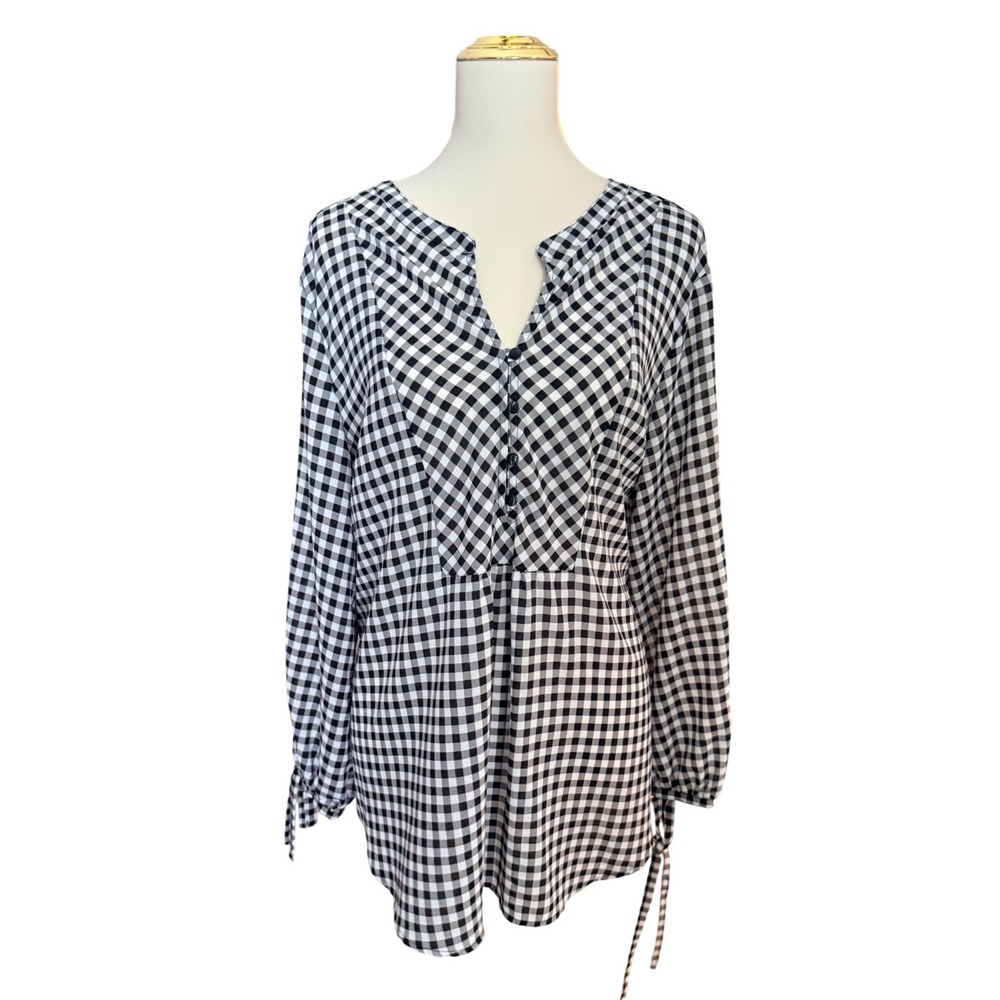 Liz Claiborne Womens XXL Gingham Blouse Black White Button Neck Tie Cuff Top